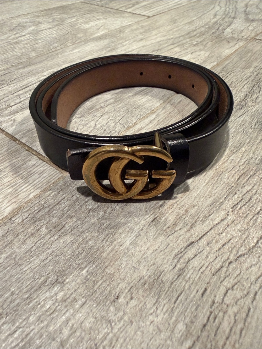 Black Leather Men's Belt with Double G Gold Buckle